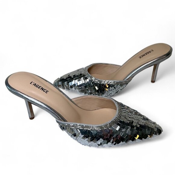 L' Agence Women's Backless Juliette Sequin Mule Heel - Silver (Size 6) - Picture 1 of 11